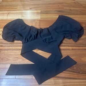 Blooming Jelly Black Crop Top Tie Back Off Shoulder Blouse‎ Ruched S